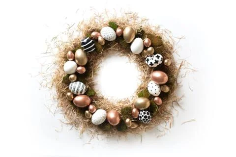Top view frame from a yellow-straw nest. Nordic style Stock Photos