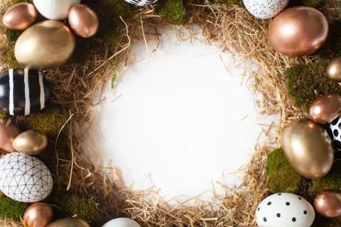 Top view frame from a yellow-straw nest. Nordic style Stock Photos
