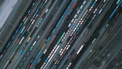 Top view of a freight railway junction with horizontal rotation Stock Footage 252033254