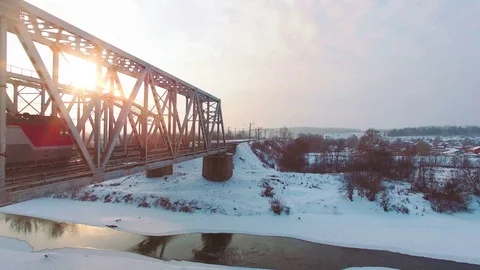 Top view of freight train with carriages on railways at winter Stock Footage 70345380