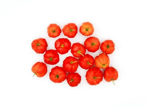 Top view of fresh cherry Acerola, Barbados Cherry isolated on white background Stock Photos