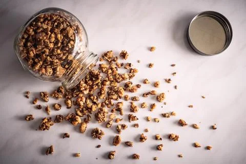 Top view of fresh homemade healthy granola in a glass jar Stock Photos