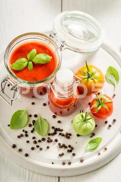 Top view of fresh ingredients for ketchup prepared from tomatoes Stock Photos