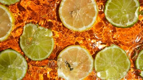 Top view of fresh lemon and lime slices floating in water Stock Photos