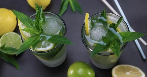 Top view of fresh lemonade with mint in glasses Stock Footage 109486220
