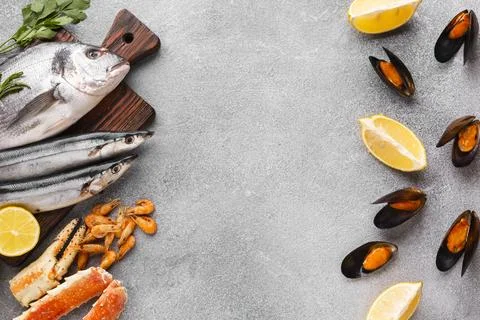Top view fresh seafood table Stock Photos