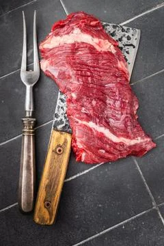 Top view of fresh uncooked bavette or flap beef steak showing strong muscle.. Stock Photos