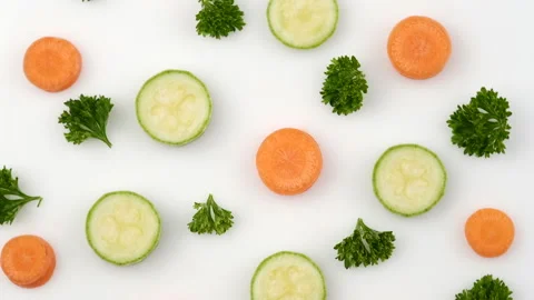 Top view of fresh vegetables for cooking isolated on white studio background Stock Footage 280479264
