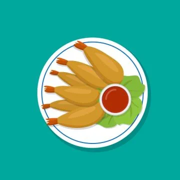 Top view, Fried prawn on white plate, vector Stock Illustration