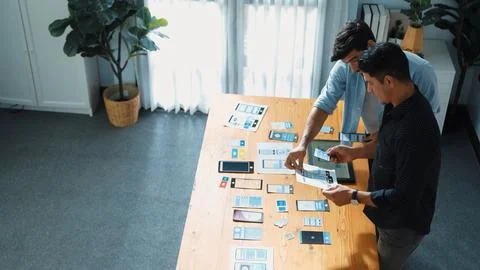 Top view of front-end developer design Ux Ui interface with team. Convocation. Stock Photos