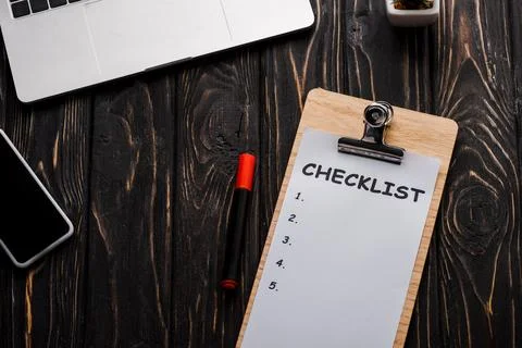 Top view gadgets checklist red Stock Photos