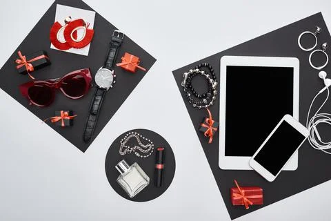Top view gadgets gift boxes Stock Photos