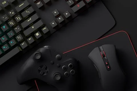 Top view of gamer workspace and gear like mouse, keyboard, joystick, headset Stock Illustration