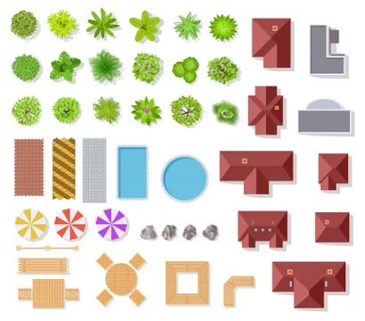 Top view garden elements. Aerial houses, green trees and bushes, pool and Stock Illustration