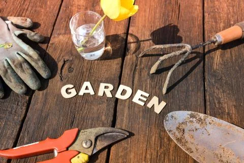 Top view of gardening stuff and letters garden on wooden background Stock Photos