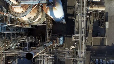 Top view of giant smoke stacks in factory Stock Footage 88933573