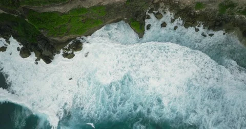 Top View of the Giant Waves, Foaming and Splashing in the Ocean, Indonesia, Bali Stock Footage 234998717