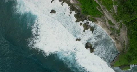 Top View of the Giant Waves, Foaming and Splashing in the Ocean, Indonesia, Bali Stock Footage 235296698
