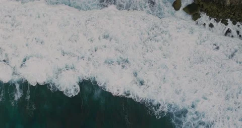 Top View of the Giant Waves, Foaming and Splashing in the Ocean, Indonesia, Bali Stock Footage 235626658