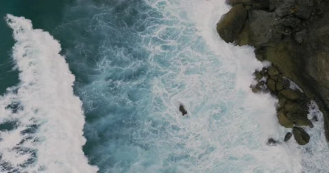 Top View of the Giant Waves, Foaming and Splashing in the Ocean, Indonesia, Bali Stock Footage 236631012