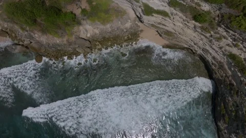 Top View of the Giant Waves, Foaming and Splashing in the Ocean, Indonesia, Bali Stock Footage 253501375