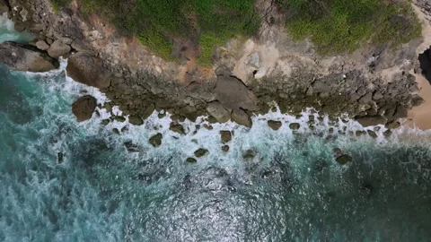 Top View of the Giant Waves, Foaming and Splashing in the Ocean, Indonesia, Bali Stock Footage 253705108