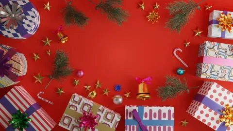 Top view of gift boxes with pine leaf and ornament for decoration on red back 스톡 일러스트