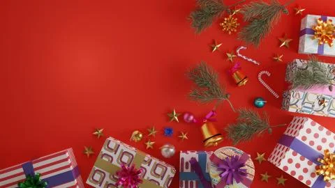 Top view of gift boxes with pine leaf and ornament for decoration on red back Stock Illustration