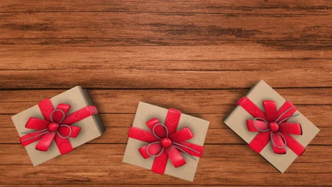 Top view of Gift boxes with Red ribbon sliding over Wooden background Vídeo Stock 224466780