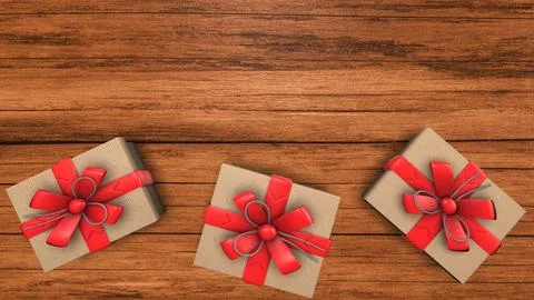 Top view of Gift boxes with Red ribbon on Wooden background with copy space Illustrazione stock