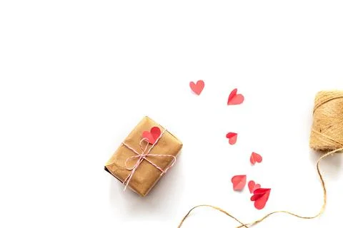 Top view of gift or present boxes wrapped in kraft paper on white background Stock Photos