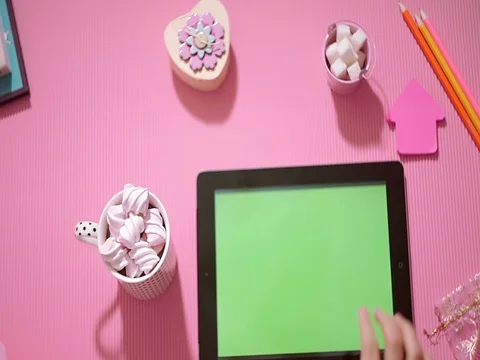 Top view girl using digital tablet in pink Stock Footage 73264811