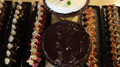 Top view of glossy chocolate cake and coconut dessert surrounded by rows of mini Vídeos de archivo 310807649