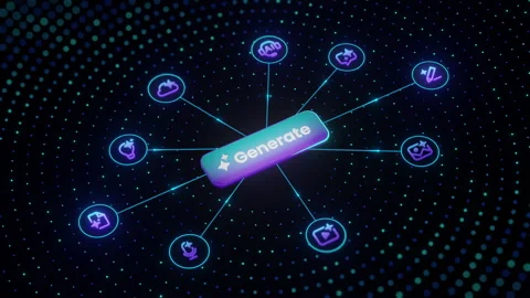 Top view of glowing Generate button surrounded by AI tool icons in circular Stock Footage 318236412