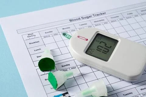 Top view of glucometer, lancet pen, strips and blood sugar tracker on blue .. Stock Photos