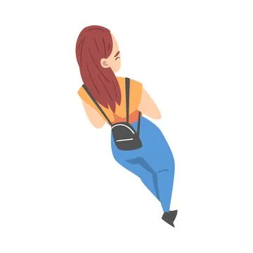 Top View on Going and Walking Woman Character with Backpack Vector Illustration Stock Illustration