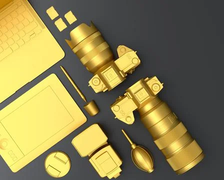 Top view of gold designer workspace and photography gear on black table Stock Illustration
