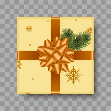 Top view gold gift box with gold bow and pine. Vector. Stock Illustration