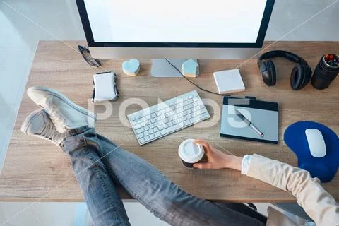 Top view of graphic designer take a coffee break . Stock Photos