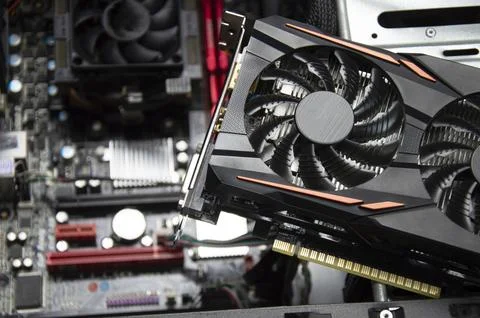 Top view of graphics card and motherboard. Stock Photos