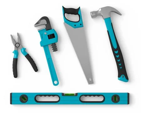 Top view of green construction tools for repair on white background Stock Illustration