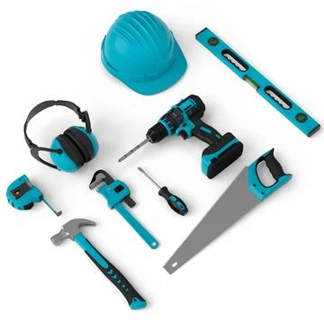 Top view of green construction tools for repair on white background Stock Illustration