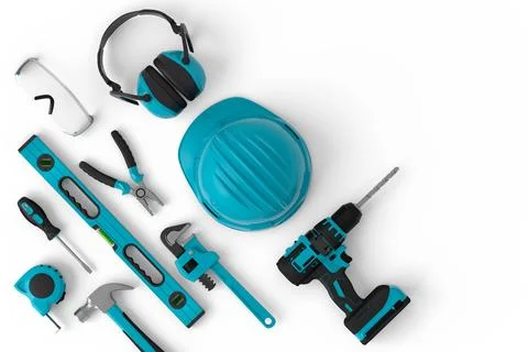 Top view of green construction tools for repair on white background Stock Illustration