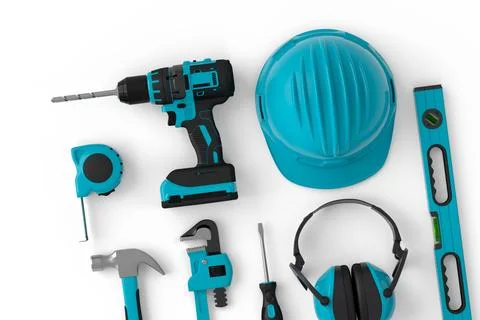 Top view of green construction tools for repair on white background Stock Illustration