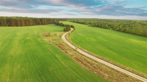Top view on the  the green field and road Stock Footage 64045945