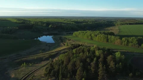 Top view of green fields and forests. A bird flies over a lake in the forest.  Stock Footage 274206220