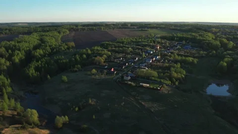 Top view of green fields and forests. A bird flies over a lake in the forest.  Stock Footage 274206233