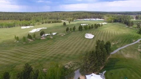 Top view green golf course outdoor green grass field. Aerial view from flying Stock-Fotos