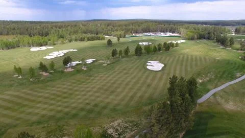 Top view green golf course outdoor green grass field. Aerial view from flying 스톡 사진