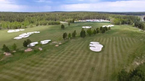 Top view green golf course outdoor green grass field. Aerial view from flying 스톡 사진